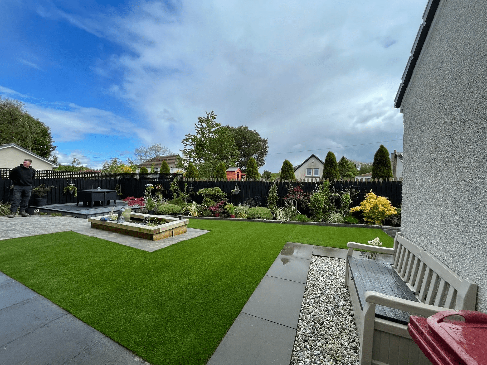 Artificial Grass in back garden surrounded by plants and fencing.